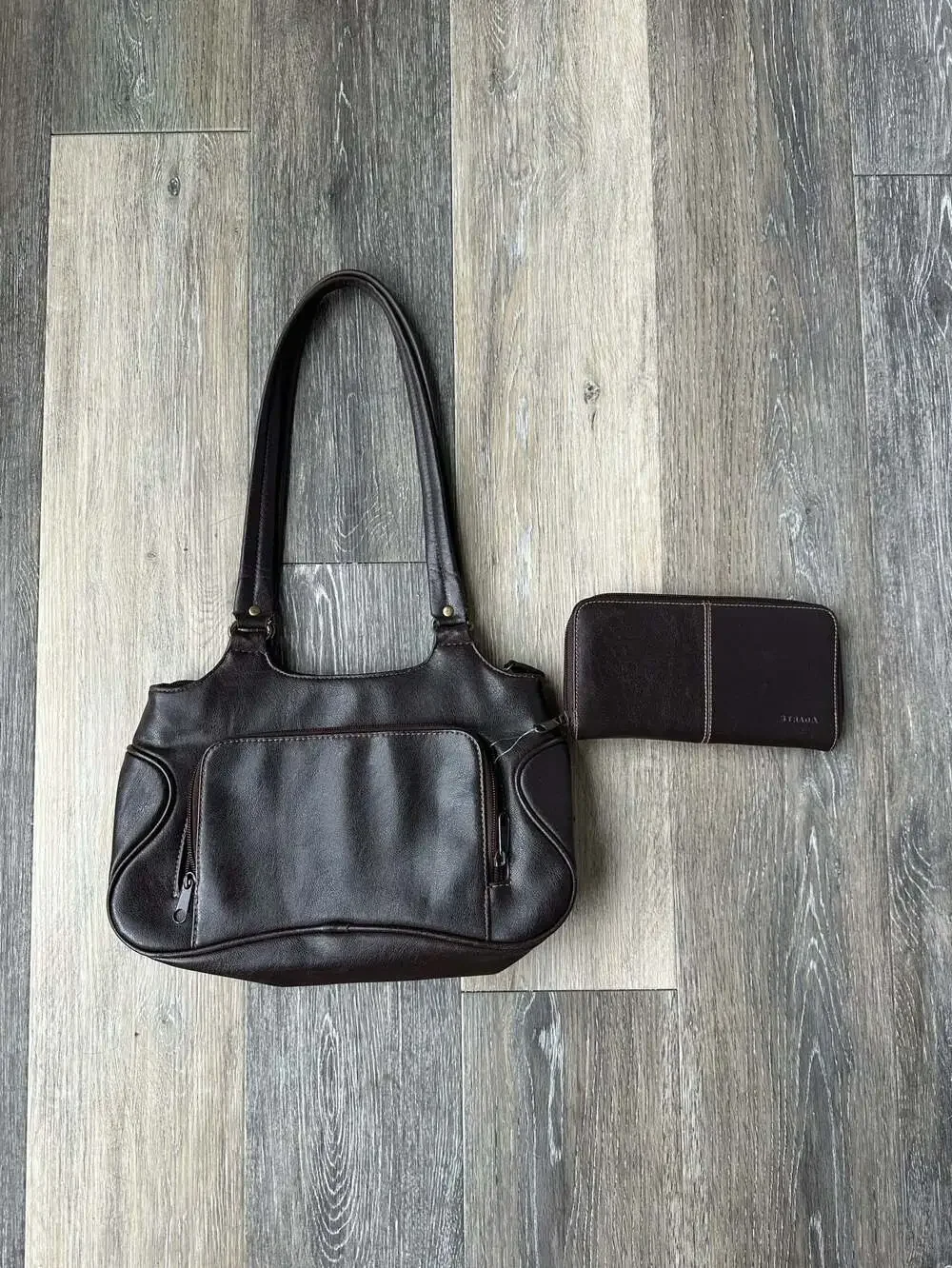 Y2K Brown Leather Utility Shoulder Bag Multi Pocket Cargo Purse & Wallet
